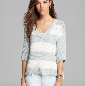Free People Mint & White Striped Knit 3/4 Sleeves Sweater Sz M